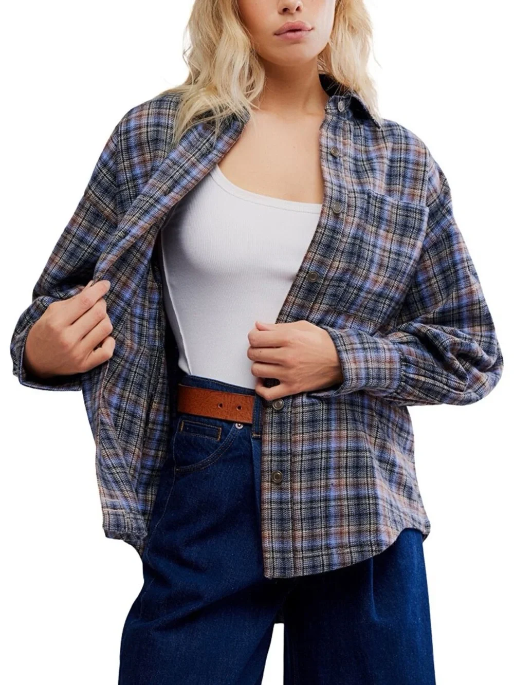 1541. FREE PEOPLE We The Free Ashley Flannel shirt in Blue Combo Sz XS NWT $148